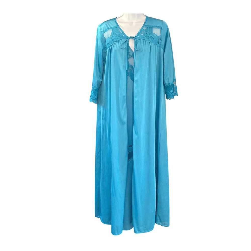70s Vintage Unbranded Peignoir Set Turquoise Lace Glamour Regencycore Boudoir